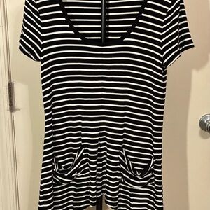 Grace-M Mini Dress Black & White Striped Scoop-Neck Uneven Hem Pockets EUC Y2K